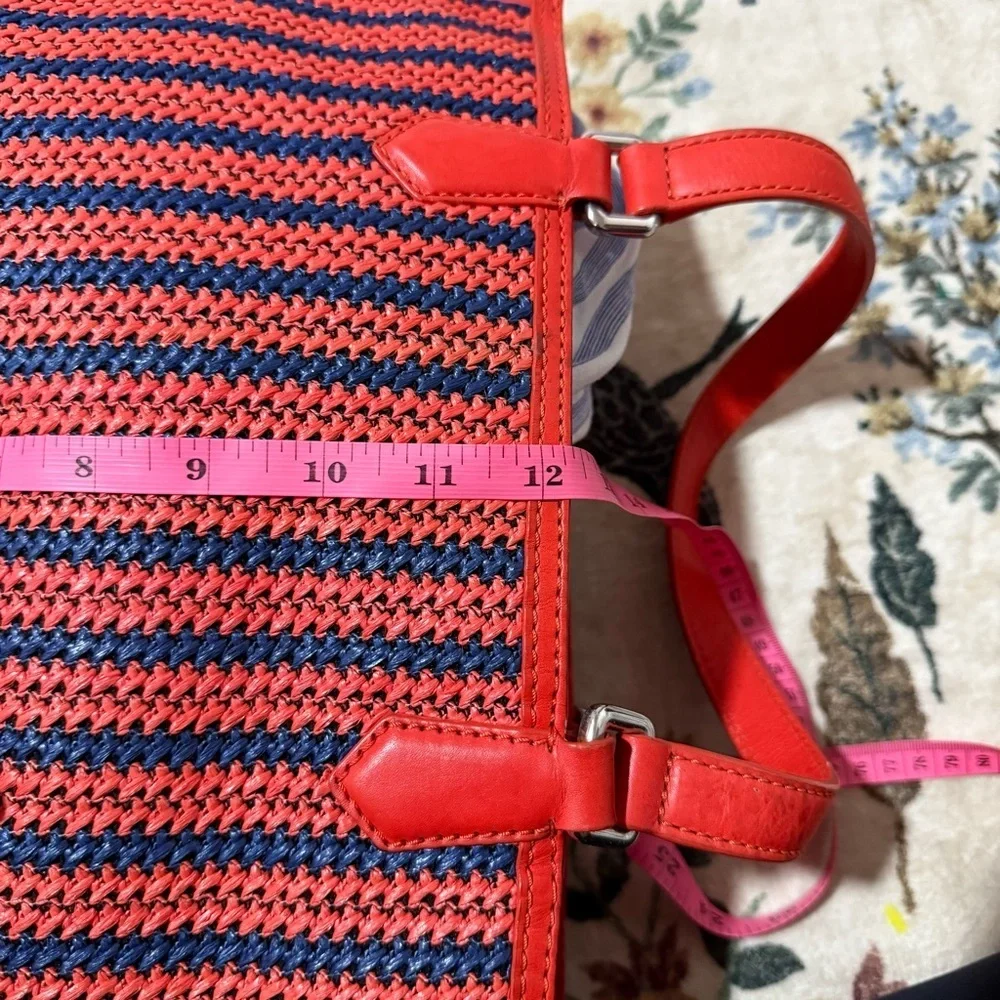 MARC JACOBS Large Tote SAMI Red Orange Navy Woven Weaved w/ Leather Trim Handle